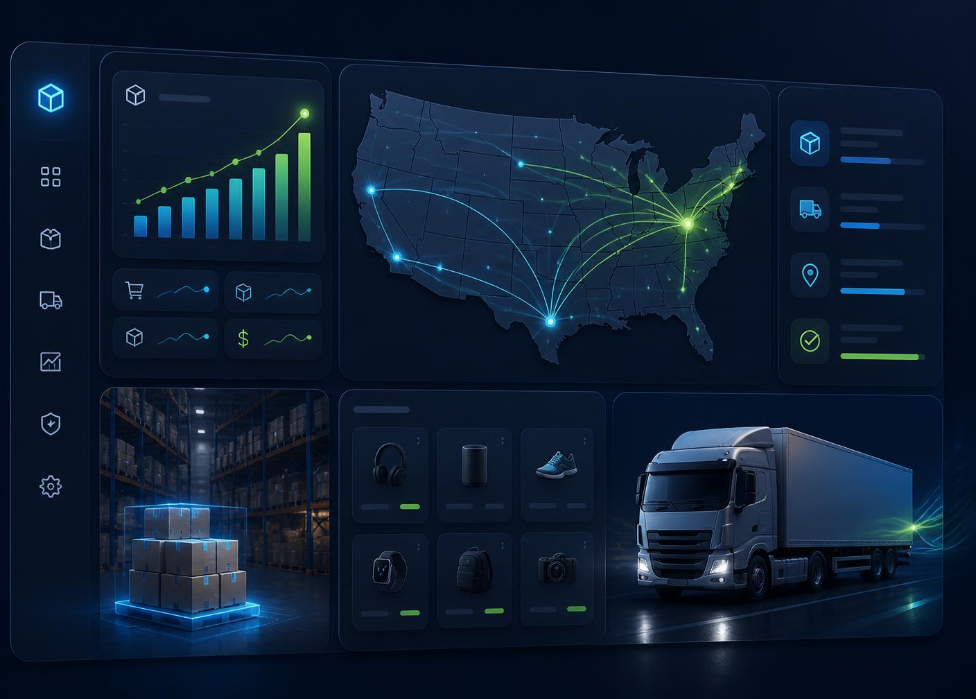 Parvez Outlet warehouse dashboard showing US shipping routes, live order analytics, and same-day fulfillment